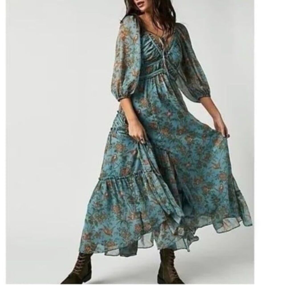 Free People Your A Jewel Maxi Dress Size Small Boho Sparrows Birds Floral Print